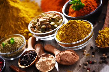 Variety of spices on kitchen table