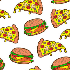 Pizza slices and burgers seamless pattern. Vector wallpaper. White background.