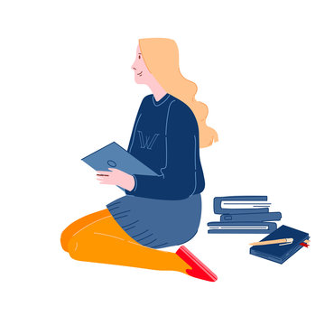 Education Concept, Girl Sitting on Floor Reading Book with School Stationery around. College or University Student Back to School, Female Character Gaining Knowledge Cartoon Flat Vector Illustration