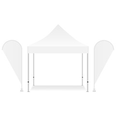 Blank square canopy tent with two promotional flags isolated on white background. Vector illustration