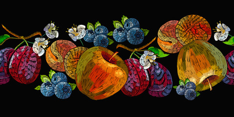 Embroidery fruit horizontal seamless pattern. Template for clothes, textiles, t-shirt design. apples,  plums. Summer garden art