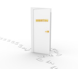 Human footprints bypass the door with the inscription addiction. 3D rendering