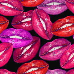 Embroidery lips. Fashion template for clothes, textiles, t-shirt design. Cosmetics and makeup seamless pattern. Sweet kiss art