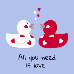 Valentines day greeting card a cute couple of bath rubber ducks facing each other with floating hearts red and white background