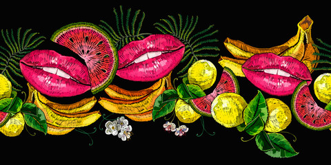 Embroidery red lips, lemons, watermelon and bananas. Horizontal seamless pattern. Tropical paradise. Summer art. Fashion template for clothes, textiles and t-shirt design