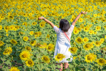 A happy, beautiful young girl standing in a large field of sunflowers, Summer time