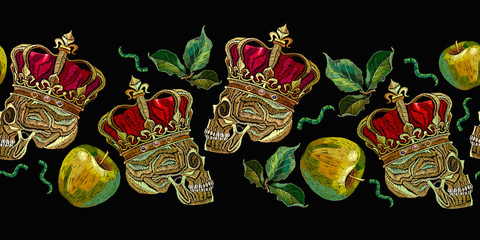 Embroidery golden crown, human skull and green apples, horizontal seamless pattern. Fashion template for clothes, textiles, t-shirt design