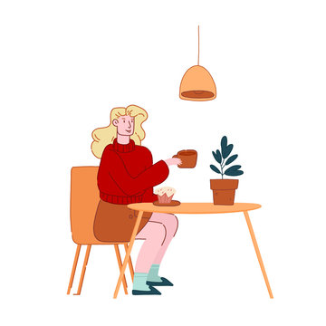 Hospitality Concept. Female Character Visiting Cafe. Young Woman Drinking Beverage in Restaurant. Girl Sitting at Table in Cafeteria Drink Coffee or Tea with Muffin. Cartoon Flat Vector Illustration