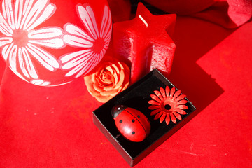 Red candle on the red background, Valentine romantic day