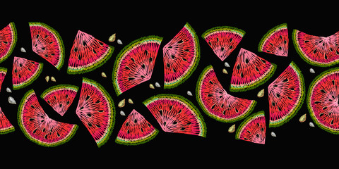 Embroidery watermelon slices, horizontal seamless pattern. Fashion clothes template, t-shirt design