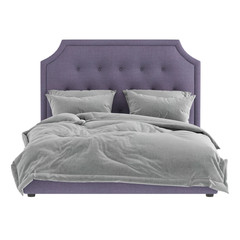 Fototapeta na wymiar Soft lilac double bed with a high quilted headboard with gray bed linen on a white background. 3d rendering