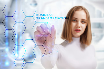 Business, Technology, Internet and network concept. Young businessman working on a virtual screen of the future and sees the inscription: Business transformation