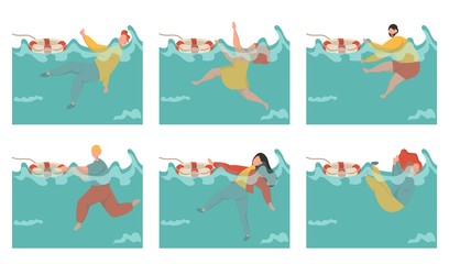 A collection of people drowning in the sea. Men and women are fighting for their lives. Emergency during summer vacation. First aid for drowning. Flat cartoon vector illustration