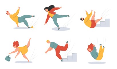 Falling people flat vector illustrations set. Men and women stumbling and falling down stairs characters. Bad luck, misfortune, fiasco. Business failure, company crash concept.