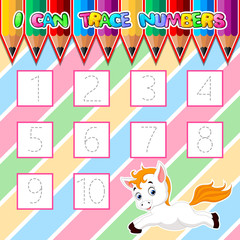 Trace number worksheet for learning handwriting of illustration