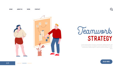 Company Brainstorm in Office Website Landing Page. Business Team Working Together Planning and Scheduling Operations Agenda on Big Spring Desk Web Page Banner. Cartoon Flat Vector Illustration