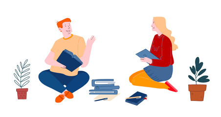Young Man and Woman Students with Gadget and Books Isolated on White Background. Girl Sitting with Tablet in Hands Listening Boy. Education in University or College Cartoon Flat Vector Illustration