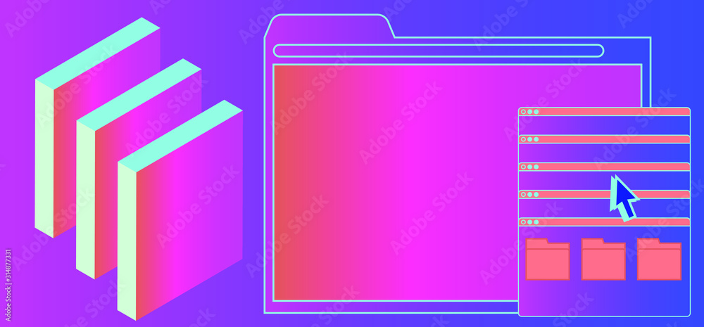 Poster Abstract technology background with user interface elements: browser window and folders. Retrofuturistic vaporwave style illustration in vibrant neon colors.