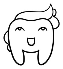 Cartoon smiling tooth with toothpaste hairstyle in black lines for International Dentist Day