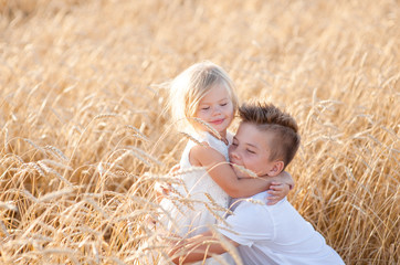 A boy carries a girl in her arms in the middle of a wheat field in summer