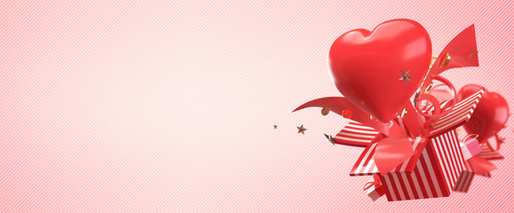 3d render background of gift box and heart pop up and explode in the concept of love and happy valentine.