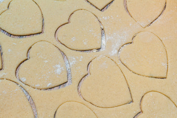 Hearts shape cookies cooking process. Valentines day gift preparation dating.