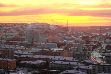 Murmansk, Russia - January, 5, 2020: landscape with the .image of Murmansk, the largest city in the Arctic, during the polar night