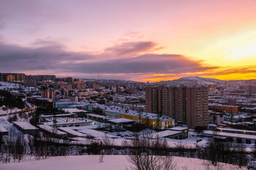 Fototapeta na wymiar Murmansk, Russia - January, 5, 2020: landscape with the .image of Murmansk, the largest city in the Arctic, during the polar night
