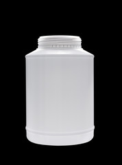 The opened plastic jar of white color Isolated on a black background
