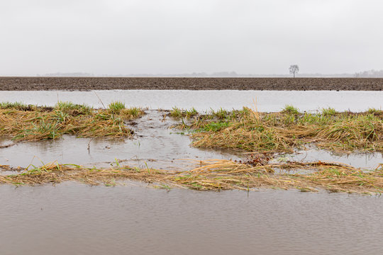 January Storms With Heavy Rain Caused Flash Flooding In Illinois Farm Field, Overflowing Ditches And Soil Erosion From Flowing Water Runoff