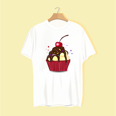 Cupcake t-shirt on a beige color background. Mockup for your idea.