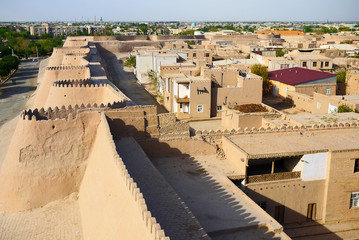 Aerial view of city wall enclosing the inner city of Khiva, Uzbekistan.