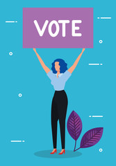 business woman and placard protest with vote lettering vector illustration design