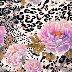  Wild african animal skin with roses. Tiger and jaguar skin with flowers pattern.