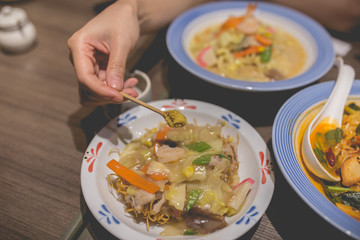 Seafood sara udon japanese cuisine. Traditional Nagasaki fried noodle.