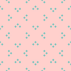 Vector minimalist geometric seamless pattern. Cute background with small floral shapes, petals, leaves. Simple abstract minimal texture in pink and turquoise color. Repeat design for decor, textile