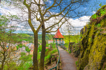 Mayer’s Gloriette wooden gazebo at Deer Jump Jeleni Skok Lookout with top aerial view of Karlovy...