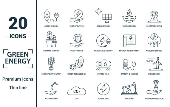 Power And Energy icon set. Include creative elements green energy, solar energy, biomass, energy development, energy saving lamp icons. Can be used for report, presentation, diagram, web design