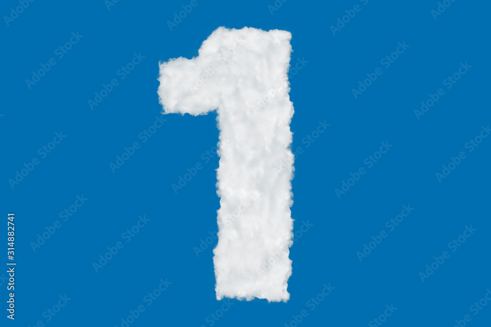 Wall mural number 1 font shape element made of clouds on blue