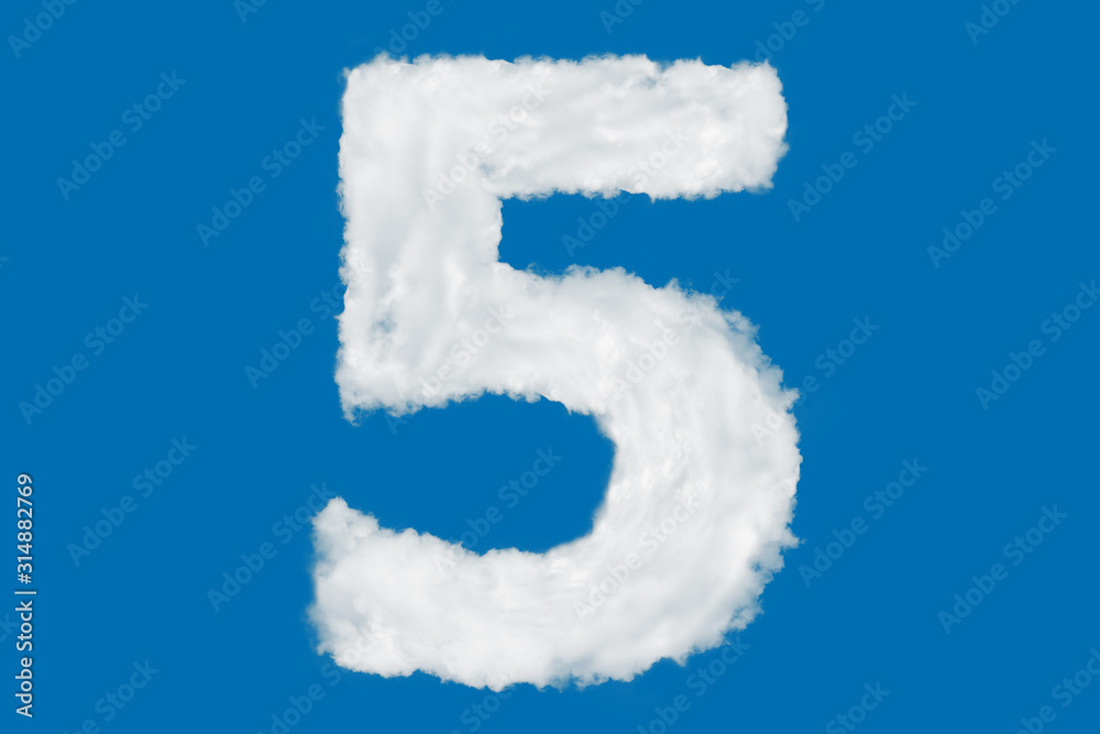 Wall mural number 5 font shape element made of clouds on blue