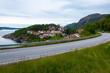 Typical view on the contemporary residential settlement on the Gandsfjord shore, Rogaland county, Norway