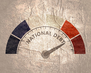 Meter read high level of national debt result. Color scale with arrow. The measuring device icon. Colorful infographic gauge element. National flag of France