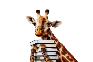Fotobehang Happy giraffe with stack of books close view, © Sergey Novikov