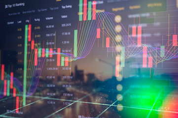 Stock market digital graph chart on LED display concept. A large display of daily stock market price and quotation. Indicator financial forex trade education background.