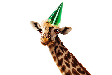 Happy head of giraffe on white wear birthday cap