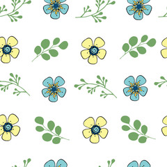 Seamless pattern of flowers, leaves and branches in doodle style on a white background.Endless texture for your design.