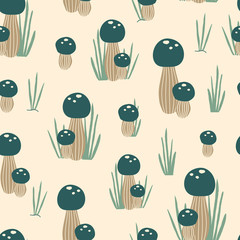 Cute vector repeat pattern with green mushrooms