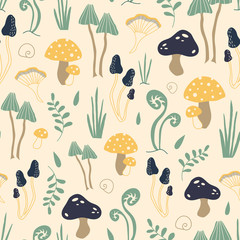 Cute vector pattern with mushrooms in the forest