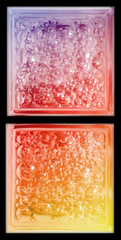 Rainbow gradient colors transparent trio piece square bathroom glass block cube with circle bubble pattern in rough texture .Use for object and materials. Arrange in vertical way and can be connected.