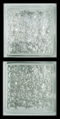 Lucid transparent two double twin square bathroom glass block cube with clear circle bubble pattern rough texture .Use for object and material. Arrange in vertical way and can be link with others.